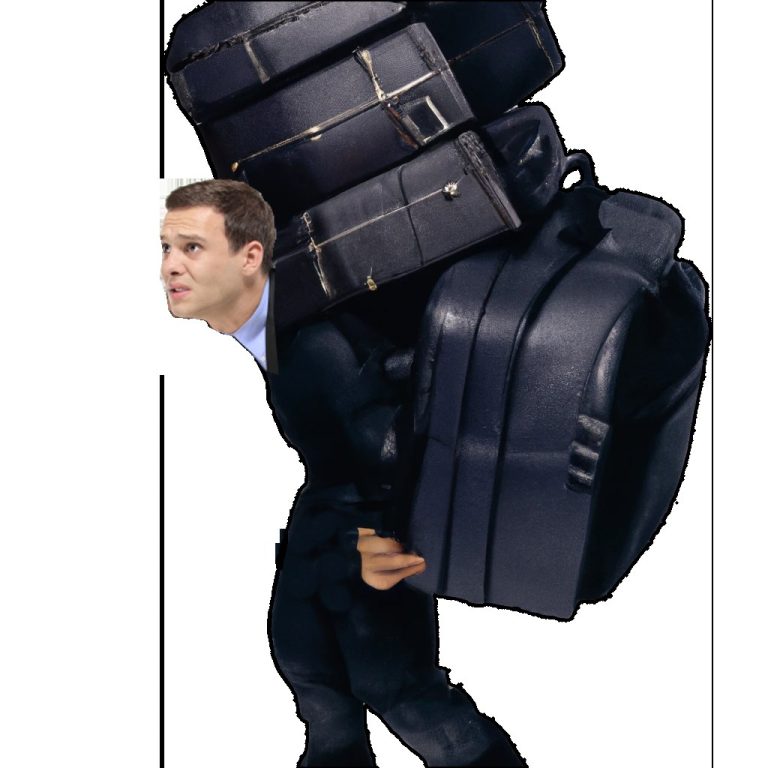A man carrying a tall stack of suitcases