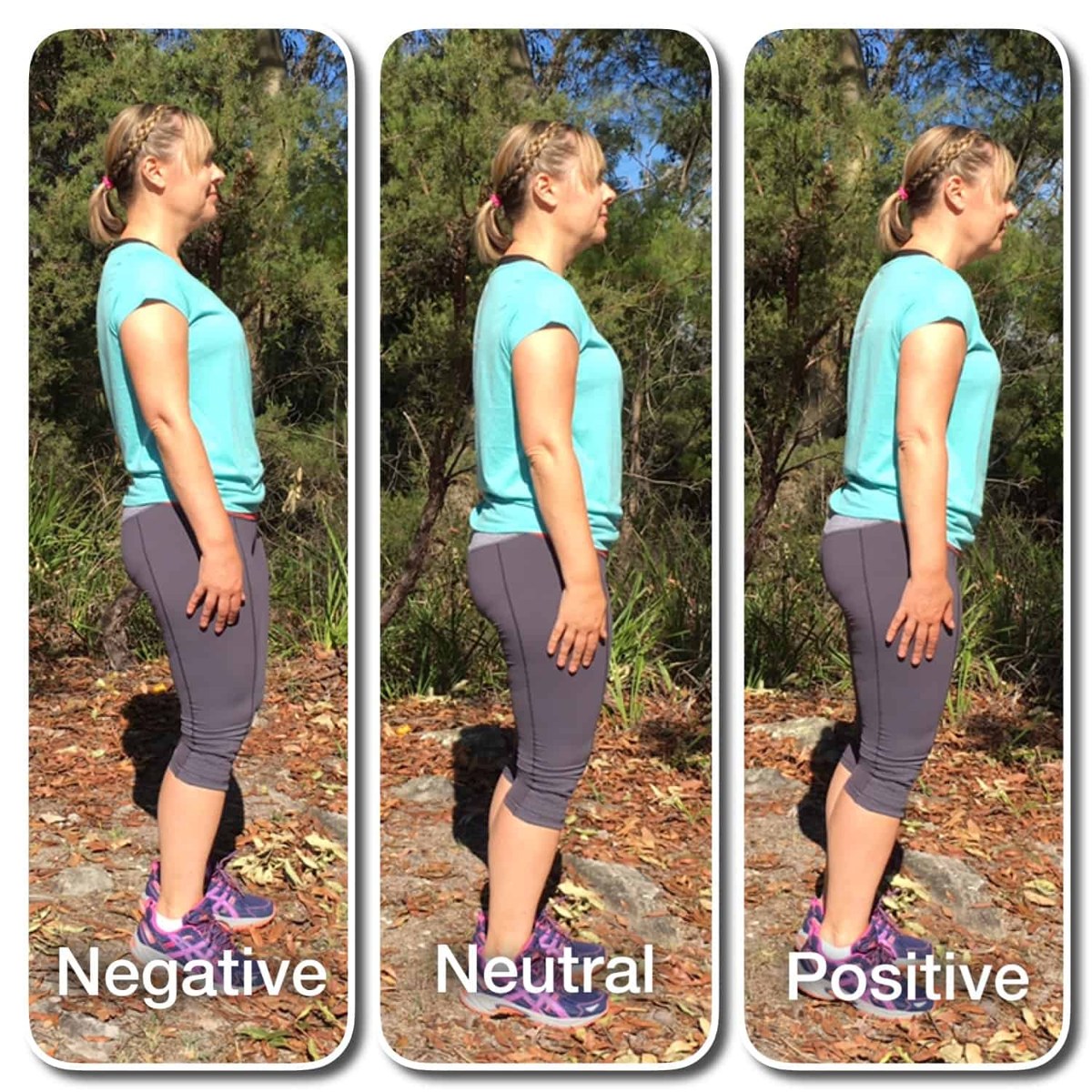 Three photos of a woman standing for the Sway Test, labeled Negative, Neutral and Positive